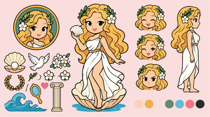 Adorable cartoon Aphrodite goddess character standing in a shell. © kibay