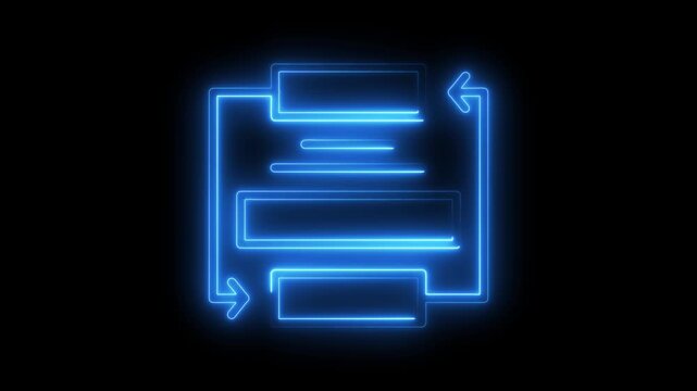 Abstract neon blue glowing flowchart diagram with arrows indicating process flow and data transfer on a dark background digital