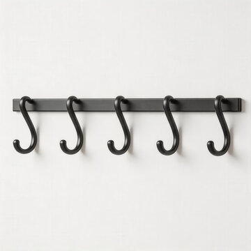 Five Black Metal Wall Mounted Hooks For Hanging Items