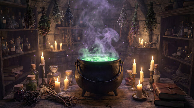 Witches cauldron brewing magic potion with glowing green liquid and smoke in spooky lair