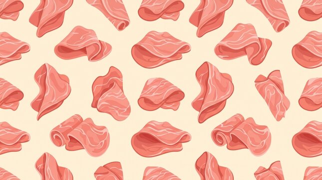 Seamless pattern of folded ham slices, flat design illustration for deli packaging, food backgrounds, menus and culinary branding