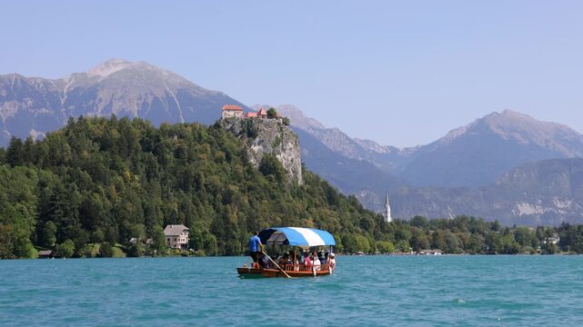 Blejski grad Castle, sightseeing boat, Lake Bled, Blejsko jezero, Bled, Slovenia