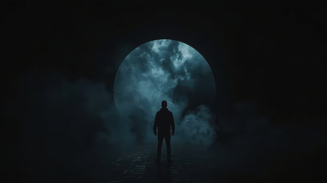 Person before shadowy circular portal in blue fog, creating mysterious cinematic scene