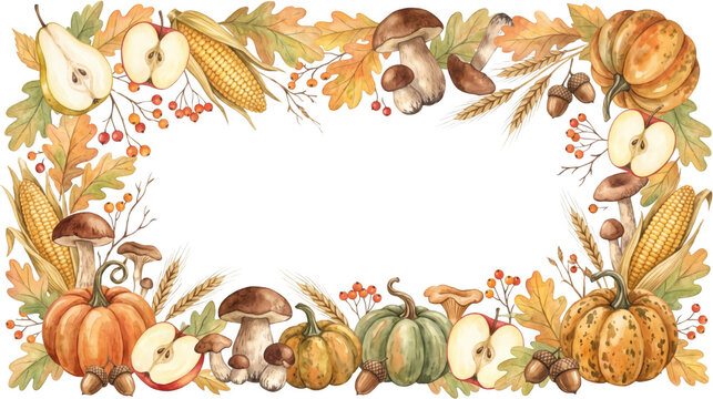 Watercolor autumn frame featuring pumpkins colorful leaves sliced apples mushrooms corn cobs acorns and berries arranged as a border around a blank space leaf harvest foliage