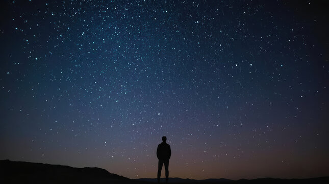Peaceful night sky with silhouetted person watching field of stars
