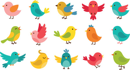 Fototapeta premium Cute Colorful Cartoon Birds Vector Set Flying Standing and Singing Little Chirping Birds Baby Nursery Aviary Spring Animals and Feathered Pets Clipart Flat Vector Illustration Set