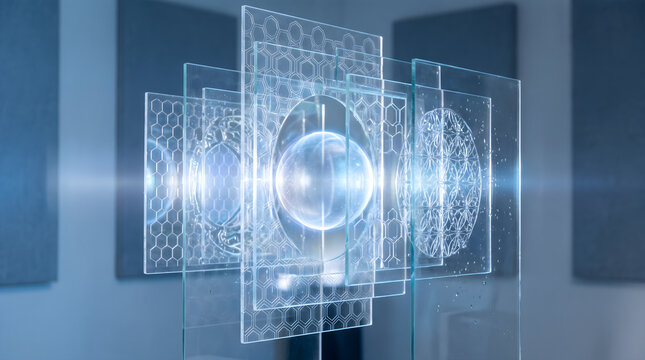 Antimicrobial stewardship concept visualized with layered glass plates and futuristic medical research graphics