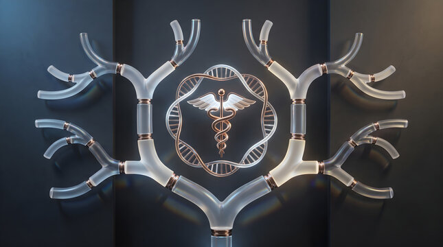 Conceptual illustration representing antimicrobial stewardship with medical symbols and futuristic biotech structures