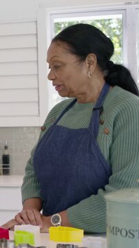 Vertical video: Talking baker in apron arranging cookie cutters during friendly chat in kitchen