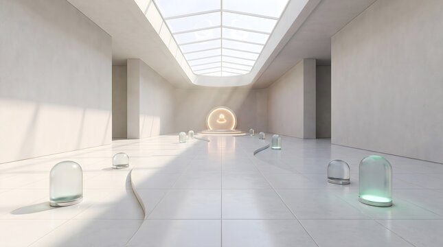 A futuristic clinical interior representing antimicrobial stewardship with sterile capsule displays and white light