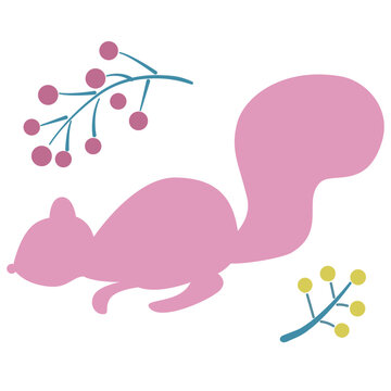 リスのシルエットと秋の草花のカットイラスト