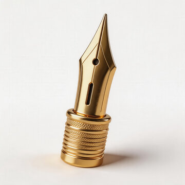 Golden Fountain Pen Nib With Knurled Base On White Background