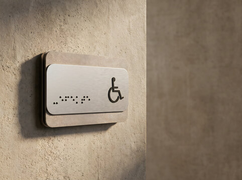 Modern handicap accessible sign with braille and wheelchair symbol mounted on a textured wall for public facility