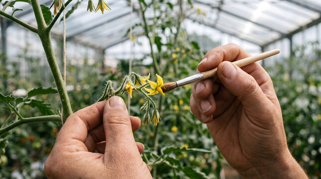 Farmer hand pollinating tomato blossoms using a small brush in a greenhouse to ensure cross-pollination and successful fruit development