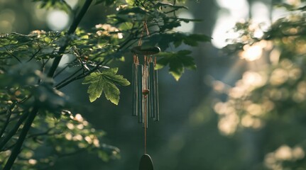 Fototapeta premium Wind chimes hanging on a tree branch illuminated by warm morning sunlight in a peaceful garden