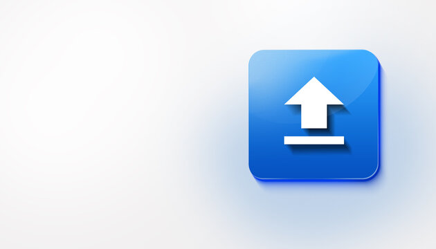 Blue gradient 3D upload icon, arrow up import file button with copy space on white background