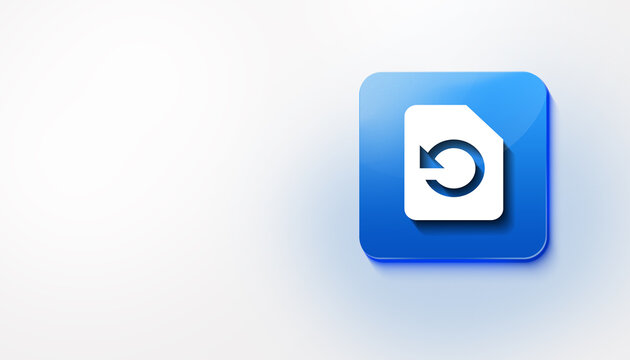 Blue gradient 3D file restore icon, document undo recovery button with copy space on white background