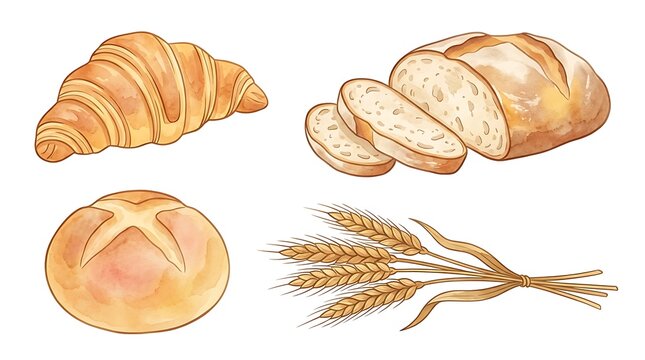 Fresh Bakery Bread Assortment Croissant Sliced Loaf and Wheat