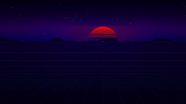 Retro synthwave sunset with a glowing red sun over a perspective grid under a starry violet sky, designed as a seamless looping animation.