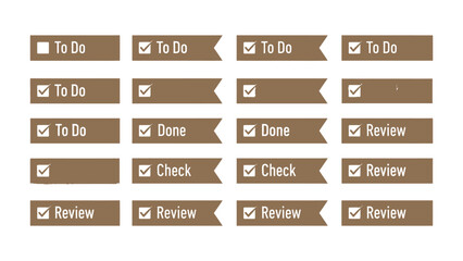 Checklist Set: A collection of brown paper tags, each featuring text such as To Do, Done, Check, and Review, organized in a grid for task management and organization. © hafeza