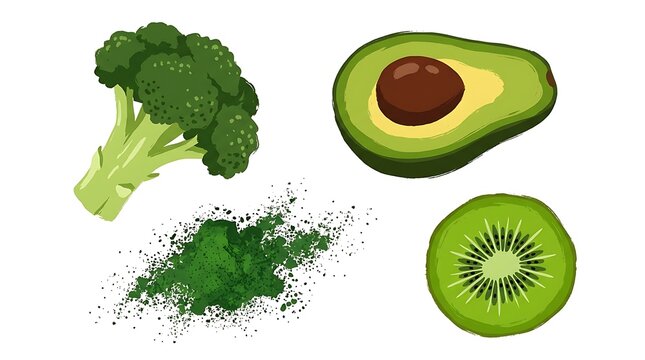 Fresh Green Vegetables and Fruits Including Broccoli Avocado Kiwi