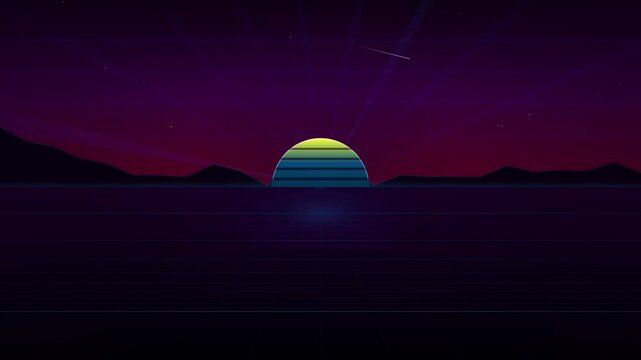 The stylized retrofuturistic sunset over dark calm water plays as a smooth looping animated background