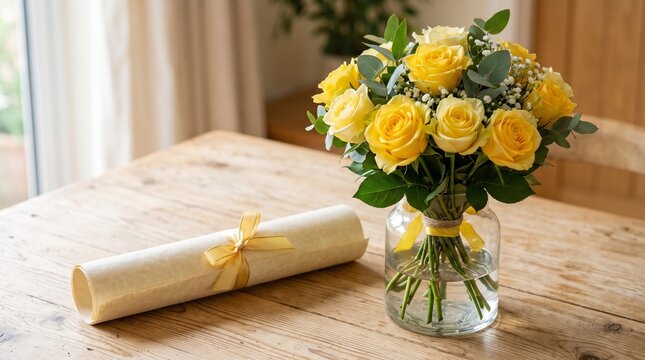 Bouquet of fresh yellow roses in a clear glass vase next to a rolled diploma scroll with yellow ribbon on a wooden table