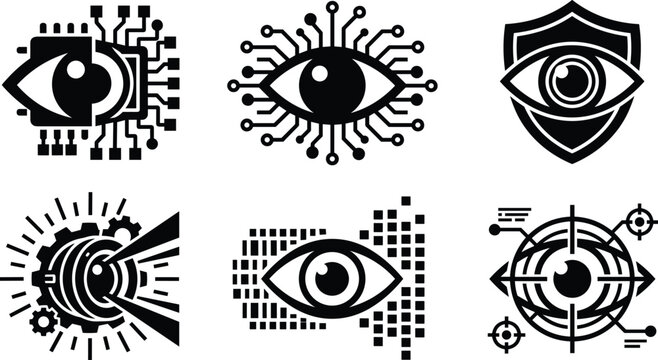 Cyber security and digital surveillance icon set featuring biometric eye scanning microchip tech shield pixel art and data target vector