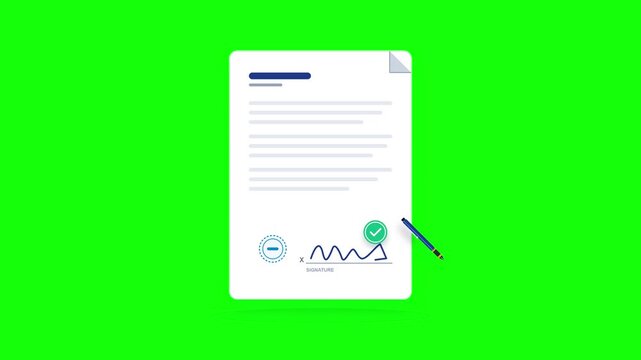 Signing of a legally binding and valid business agreement and acceptance of contract terms. 2D animation.