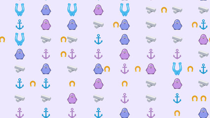 Cartoon Icons Pattern: Penguins, Horseshoes, Anchors, and Silver Bars © gunawan