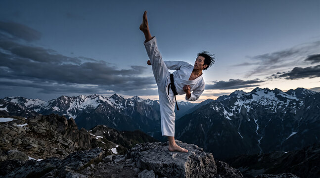 Man in martial arts uniform performing high kick on rocky mountain peak at dusk. Snowy mountains and cloudy sky background, dramatic lighting. Adventure, fitness, martial arts training.