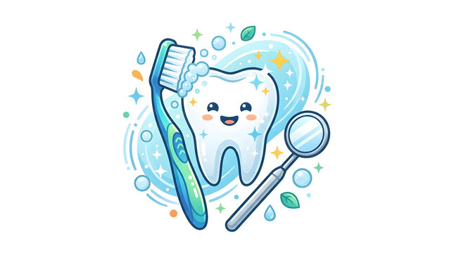 Cute cartoon tooth character with toothbrush toothpaste foam and dental mirror vector illustration isolated on white background