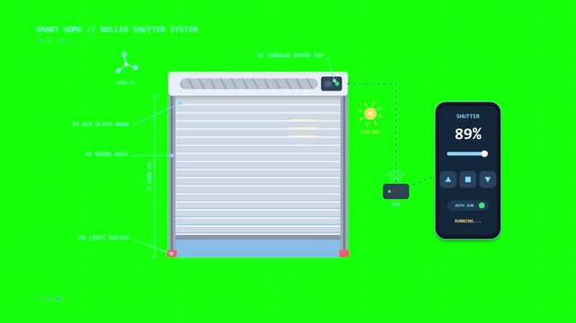 Smart home roller shutter automation system controlled by smartphone app on green screen background.