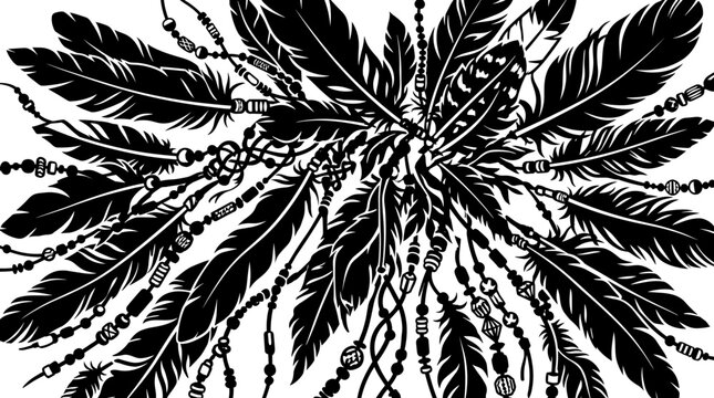 Black and white tribal feather and bead cluster vector illustration