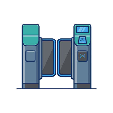 A flat vector illustration shows an automated fare collection gate with a card reader.