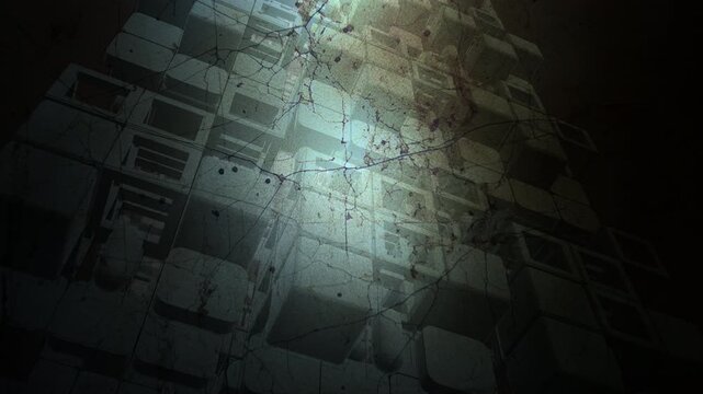 Low-angle view of a dark, grunge monolithic 3D grid structure with subtle lighting, representing cyber security infrastructure and server block storage.