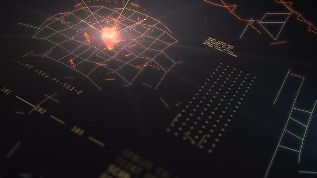 Angled HUD display showing a glowing orange point cloud lattice scanning terrain topography and sensor telemetry data for drone surveying