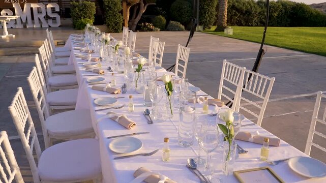 Setup shows a long table arranged neatly with plates and glasses. Greenery surrounds the area, creating a simple and elegant atmosphere for an event.