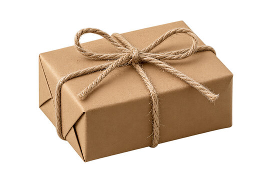 Brown kraft paper gift box wrapped with jute twine bow, isolated on transparent background. Small package for presents, rustic wedding, small business packaging.
