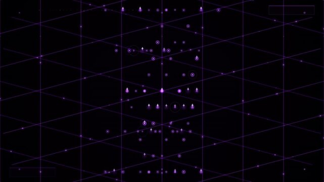 Purple grid lines form a looping perspective pattern on a dark digital background with glowing intersection points.