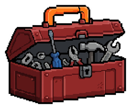 Pixel art illustration of an open red metal toolbox filled with various hand tools.