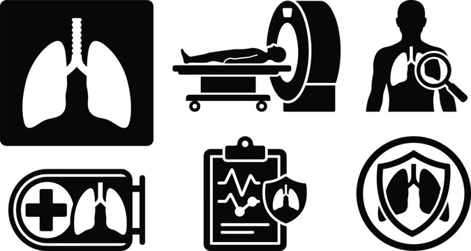 Lungs medical radiology vector icon set with MRI CT scanner chest xray diagnostic clipboard and respiratory health emblems.