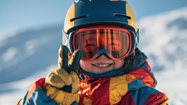 Cute japanese child wearing a colorful ski helmet making a peace sign in the snow