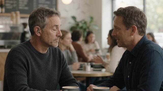 Senior Man with Hearing Aid Enjoying Conversation with Friend in Busy Cafe
