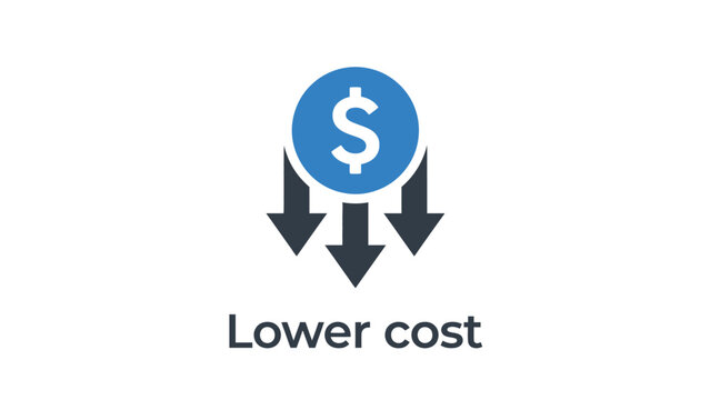 Lower cost graphic icon with downward arrows and blue currency symbol representing financial savings