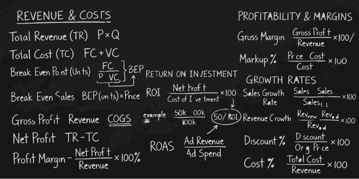 Business finance and revenue formulas written in white chalk on a black chalkboard with chalkboard background financial metrics profit margin return investment cost analysis accounting math