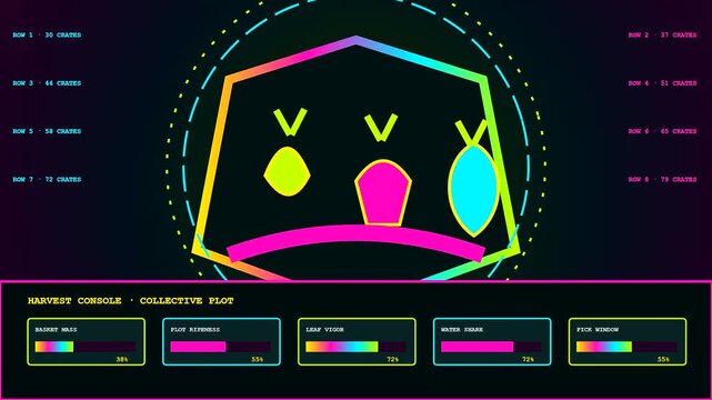 Community garden harvest data panels show colorful geometric plant growth trends with glowing status bars and numeric crate counts on a dark digital interface screen