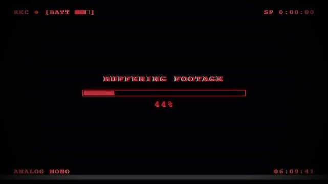 Retro camcorder buffering footage screen with red loading bar and text