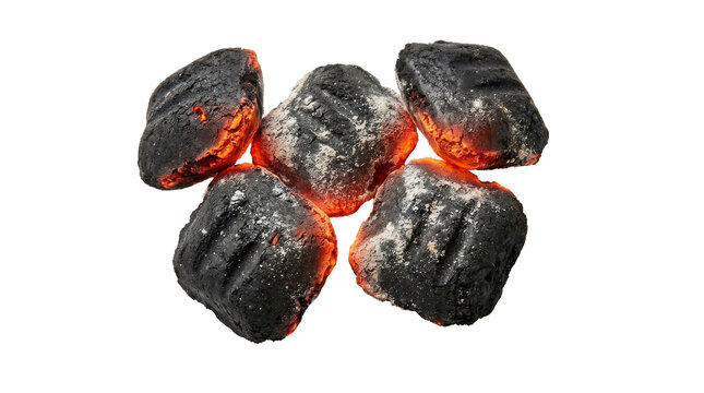Glowing charcoal briquettes burning bright red embers isolated white background commercial stock photography style studio shot
