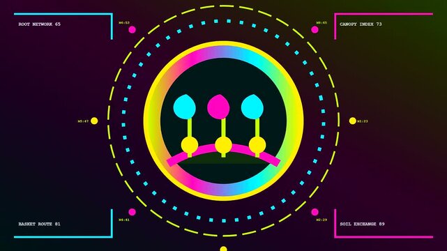 A community garden harvest interface shows stylized colorful plant icons glowing on a digital display featuring animated circular data markers and numeric metrics in motion